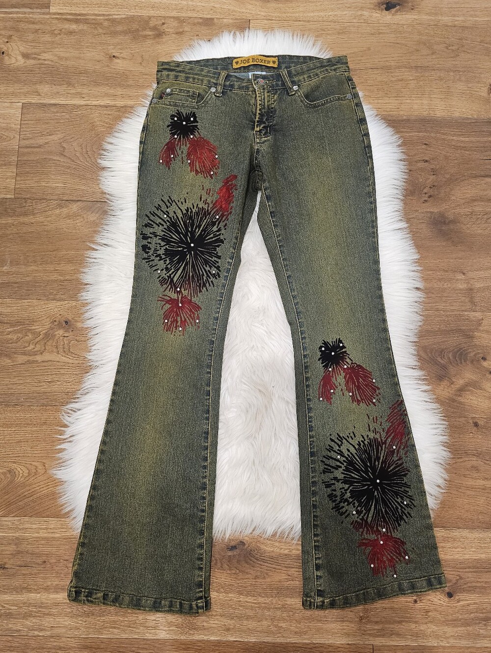 Vintage Low-Rise Joe Boxer Olive Green Flares with Red & Black Floral Print